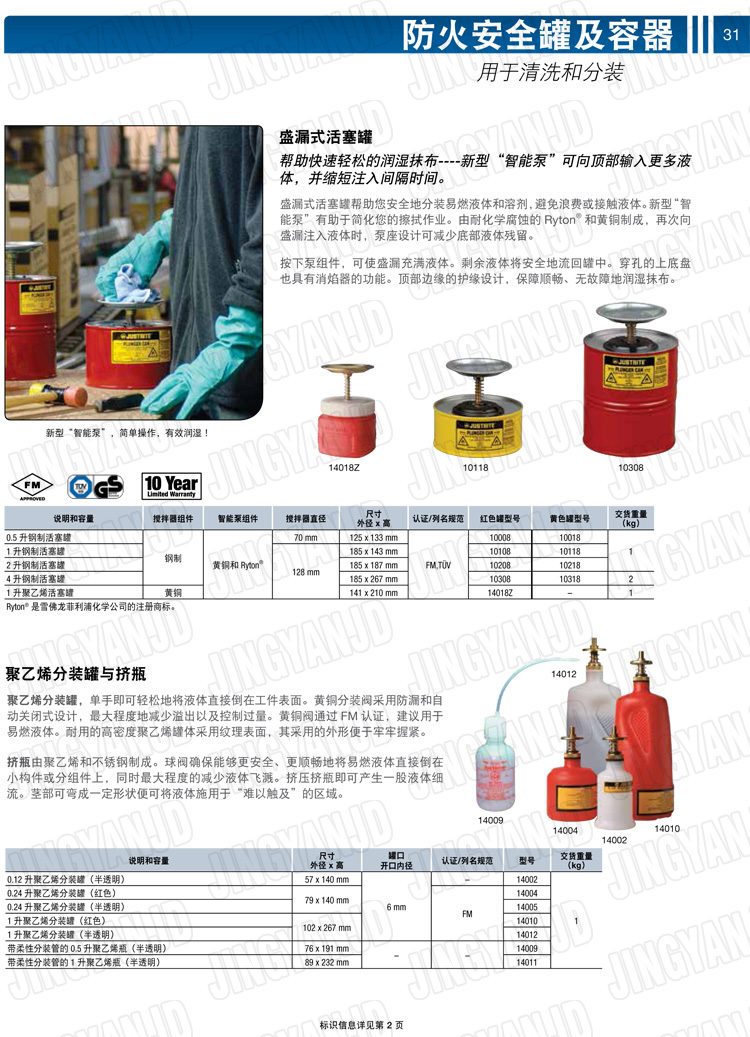 美國杰斯瑞特，JUSTRITE，活塞安全罐，盛漏式活塞罐，化學品分裝罐，